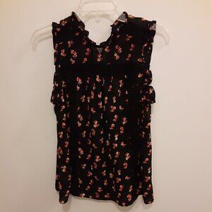 a.n.a. Size S Black Sleeveless Top w/Pink Flowers & Embroidered Inserts on Front